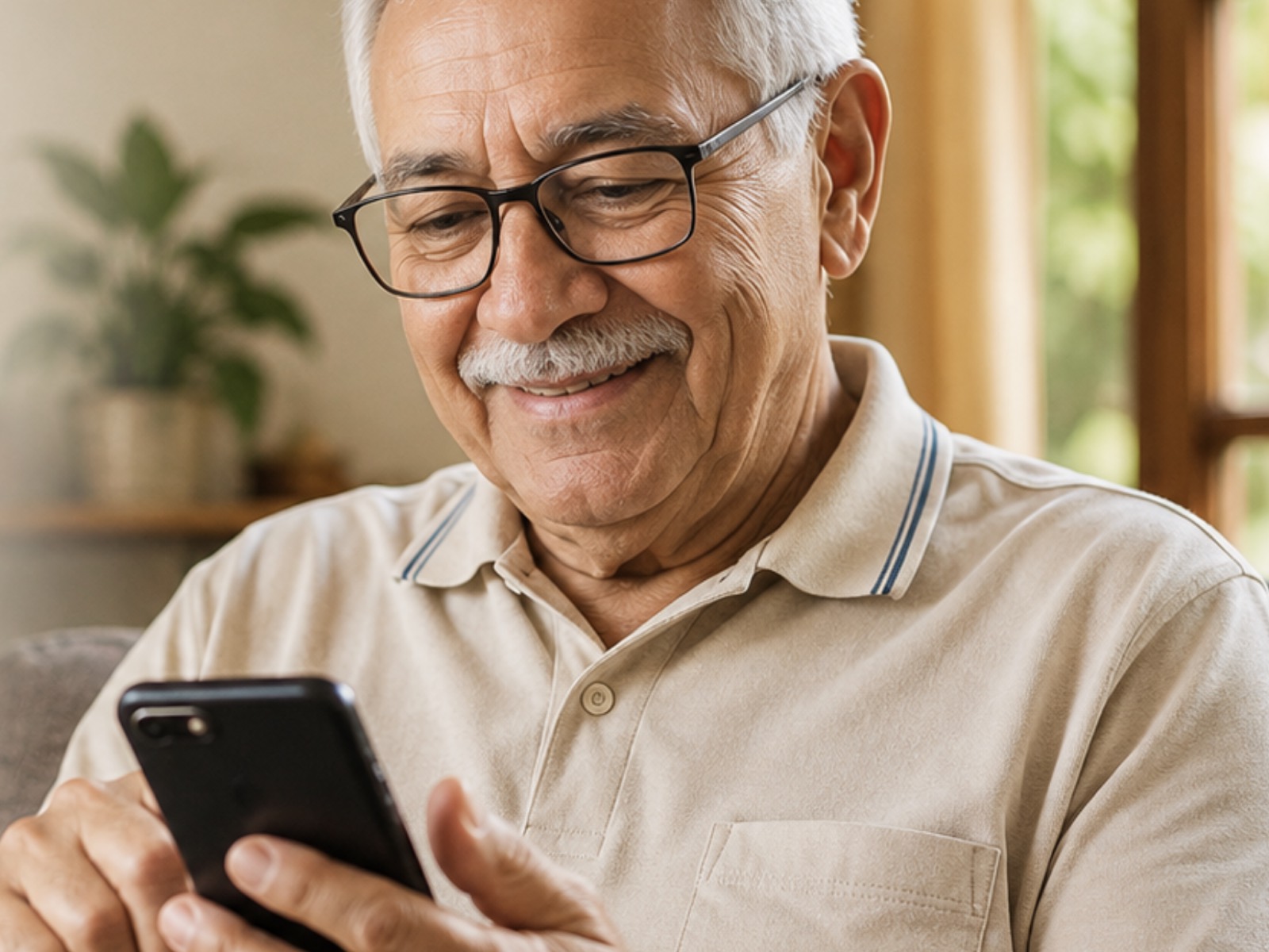 Senhor de óculos sorrindo enquanto usa o celular na sala de casa