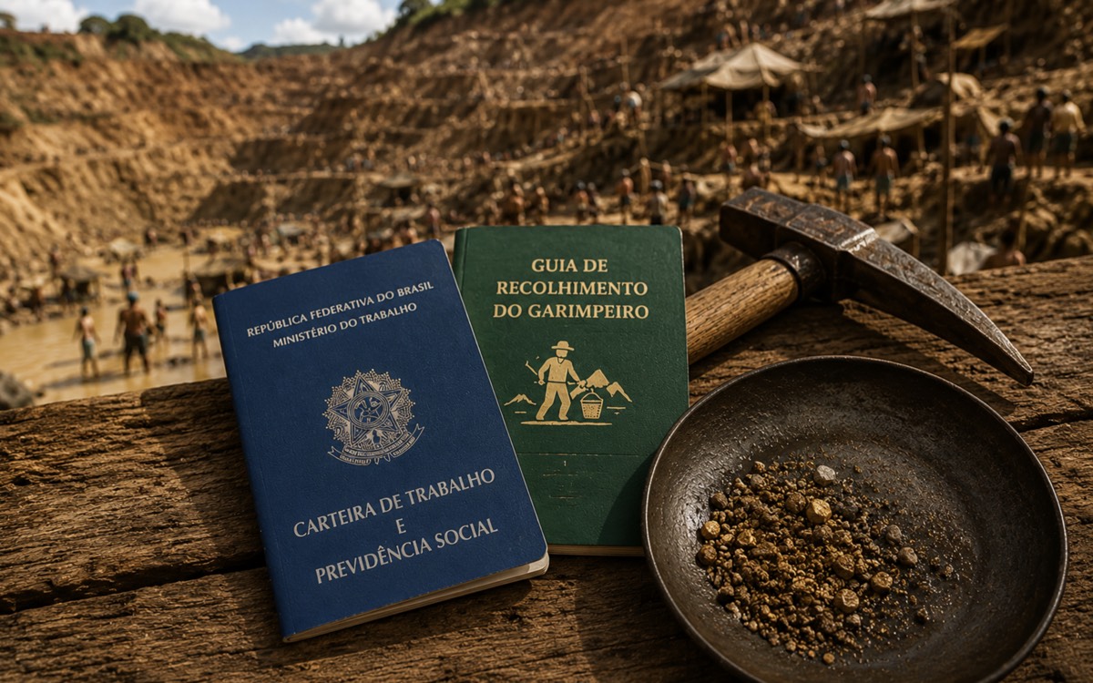 Carteira de trabalho, guia do garimpeiro e bateia com ouro no garimpo de Serra Pelada