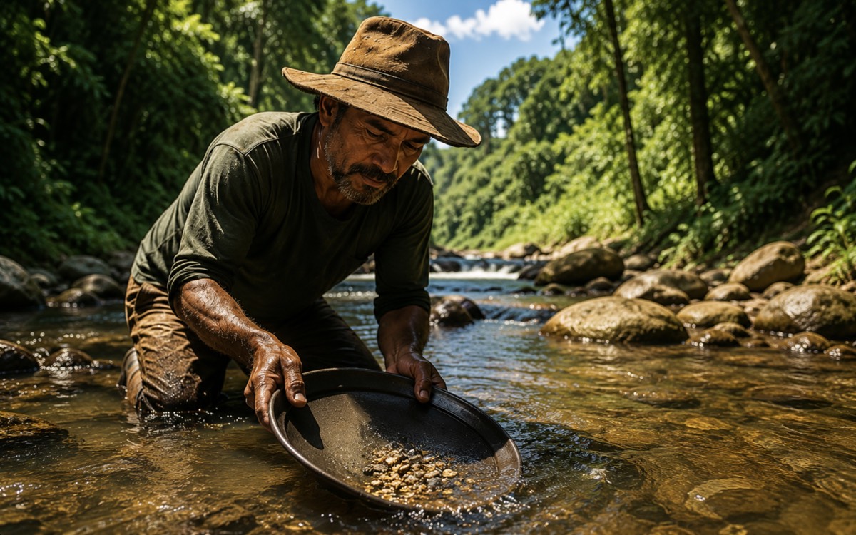 Garimpeiro batendo bateia no leito de um rio